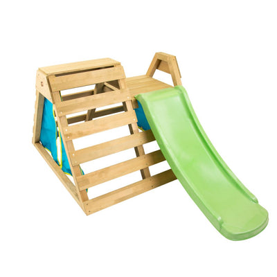 The TP Toys TP Wooden Toddler Climb & Slide - FSC® certified features ladders, platforms, and a green slide—ideal for indoor active play and encouraging toddlers to climb and explore.