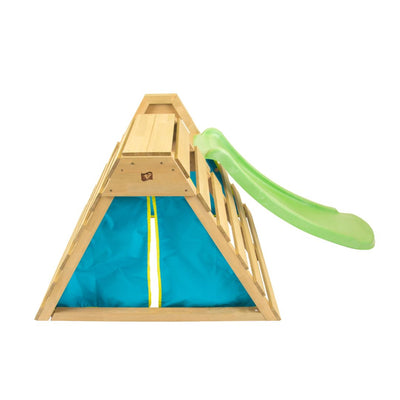 The TP Toys TP Wooden Toddler Climb & Slide - FSC® certified features a green slide and blue fabric tunnel, ideal for active play. Shown against a white background.