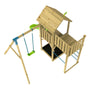 The TP Toys Skywood Wooden Tower Climbing Frame with Ripple Slide, Sky Deck & Single Swing Arm (FSC® certified) is a charming playset featuring a house structure, ladder, green slide, and single swing for endless adventures.