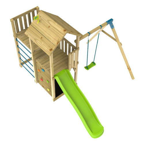 The TP Toys Skywood Wooden Tower Climbing Frame features a sky deck, small covered play tower, climbing wall, rope ladder, green Ripple slide, and single swing arm. FSC® certified for quality and sustainability.