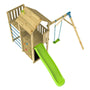 The TP Toys Skywood Wooden Tower Climbing Frame features a sky deck, small covered play tower, climbing wall, rope ladder, green Ripple slide, and single swing arm. FSC® certified for quality and sustainability.