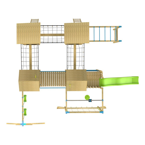Top view of the TP Toys TP Skywood Fort Four Tower Wooden Climbing Frame—FSC® certified—with multiple towers, climbing nets, green slide, rope bridge, blue support bars, and a modular play tower design, isolated on white.