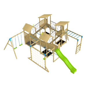The TP Toys Skywood Fort Four Tower Wooden Climbing Frame – FSC® certified – features multiple towers, rope bridges, swings, a modular play tower, climbing net, slide, and monkey bars; shown on a white background.