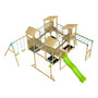The TP Toys Skywood Fort Four Tower Wooden Climbing Frame – FSC® certified – features multiple towers, rope bridges, swings, a modular play tower, climbing net, slide, and monkey bars; shown on a white background.
