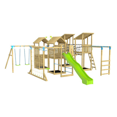 The TP Skywood Fort Four Tower Wooden Climbing Frame by TP Toys features FSC® certified wood, four towers, a green slide, two swings, a climbing net, suspension bridge, and ladder—all with a sturdy wooden frame.