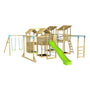 The TP Skywood Fort Four Tower Wooden Climbing Frame by TP Toys features FSC® certified wood, four towers, a green slide, two swings, a climbing net, suspension bridge, and ladder—all with a sturdy wooden frame.