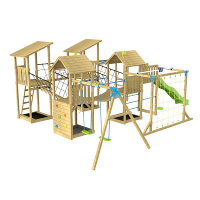 The TP Skywood Fort Four Tower Wooden Climbing Frame by TP Toys features four modular towers linked by rope bridges, a climbing wall, ladder, slide, swings, climbing net, and an optional zipline slide. FSC® certified for sustainable fun outdoors.