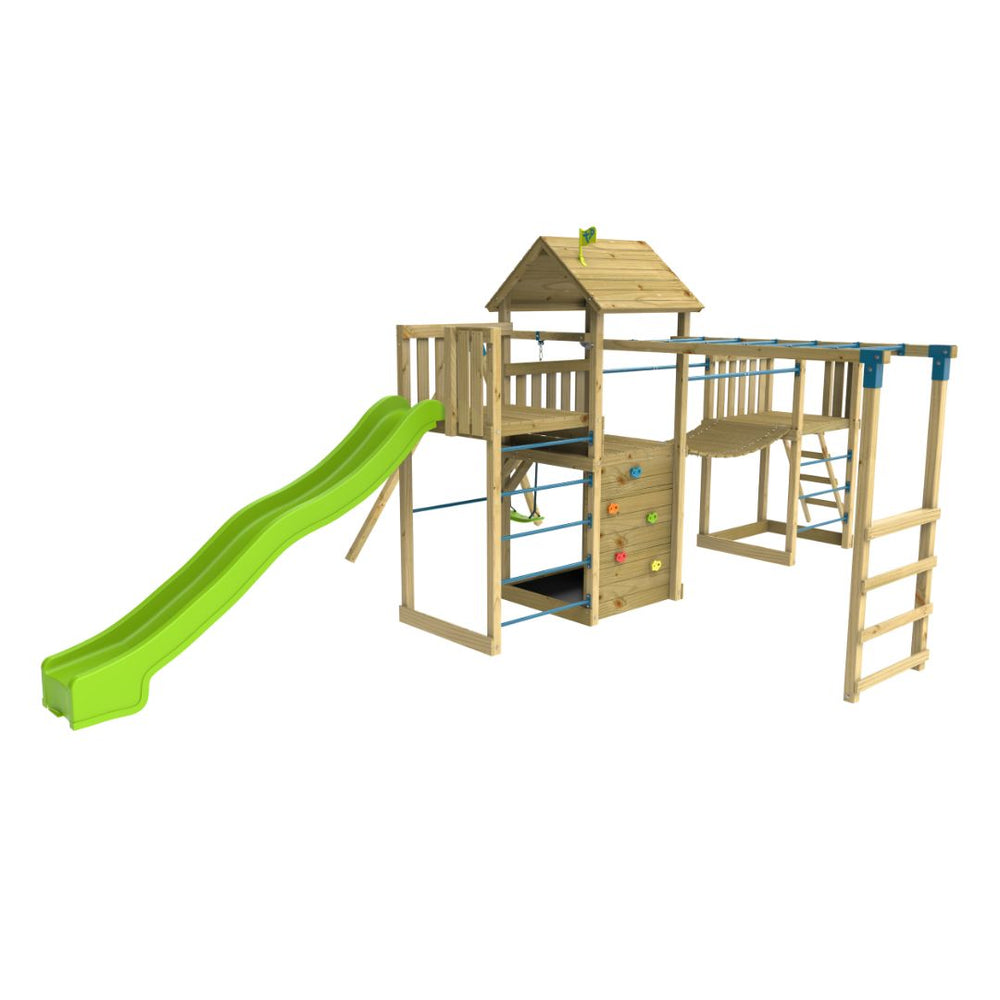 The TP Toys TP Skywood Wooden Tower Climbing Frame features a super wavy slide, sky deck, monkey bars, single swing arm, extra play tower with roof playhouse—FSC® certified for kids’ outdoor fun.