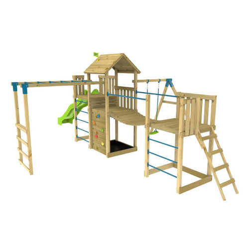 The TP Toys Skywood Wooden Tower Climbing Frame features a super wavy slide, sky deck, monkey bars, single swing arm, and an extra play tower. FSC® certified and modular design is shown on a white background for clear detail.