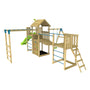 The TP Toys Skywood Wooden Tower Climbing Frame features a super wavy slide, sky deck, monkey bars, single swing arm, and an extra play tower. FSC® certified and modular design is shown on a white background for clear detail.