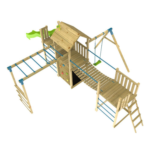 The TP Toys TP Skywood Wooden Tower Climbing Frame features a super wavy slide, sky deck, monkey bars, single swing arm, and extra play tower—FSC® certified and perfect for endless backyard fun.