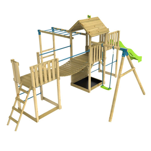 The TP Toys TP Skywood Wooden Tower Climbing Frame features a super wavy slide, sky deck, monkey bars, single swing arm, and extra play tower—FSC® certified for hours of outdoor fun.