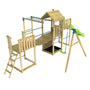 The TP Toys TP Skywood Wooden Tower Climbing Frame features a super wavy slide, sky deck, monkey bars, single swing arm, and extra play tower—FSC® certified for hours of outdoor fun.