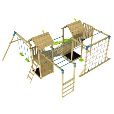 The TP Toys Skywood Wooden Climbing Frame features two play towers, a Sky Deck, Skyline with Flying Fox, monkey bars, double swing arm, slide, and bridges for endless outdoor adventure—FSC® certified for sustainability.