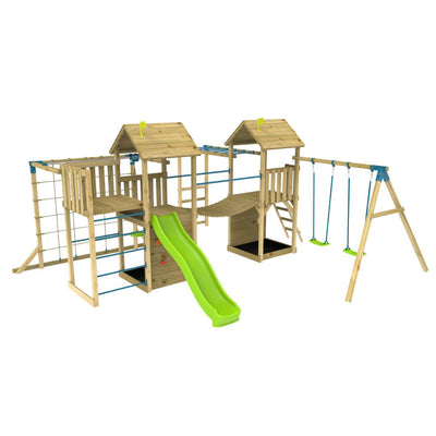 The TP Toys Skywood Wooden Climbing Frame—FSC® certified—features an extra play tower, sky deck, flying fox, monkey bars, double swing arm, and slide. Perfect for endless backyard adventures!.