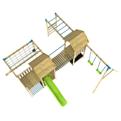 The TP Skywood Wooden Climbing Frame by TP Toys features two play towers, a sky deck, slide, skyline with flying fox, monkey bars, double swing arm, bridge & climbing net. FSC® certified. Shown on a white background.