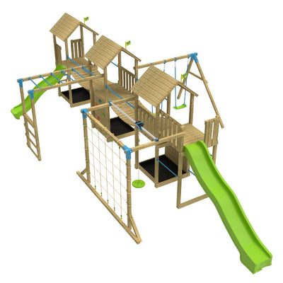 The TP Toys Skywood Wooden Climbing Frame features two extra play towers, a sky deck, skyline with flying fox, monkey bars, double swing arm, 10ft super wavy slide & 8ft ripple slide. FSC® certified for outdoor fun.