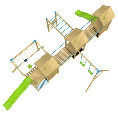 Aerial view of the TP Toys Skywood Wooden Climbing Frame, featuring two extra play towers, sky deck, flying fox, monkey bars, double swing arm, 10ft super wavy slide & 8ft ripple slide—FSC® certified for endless fun.