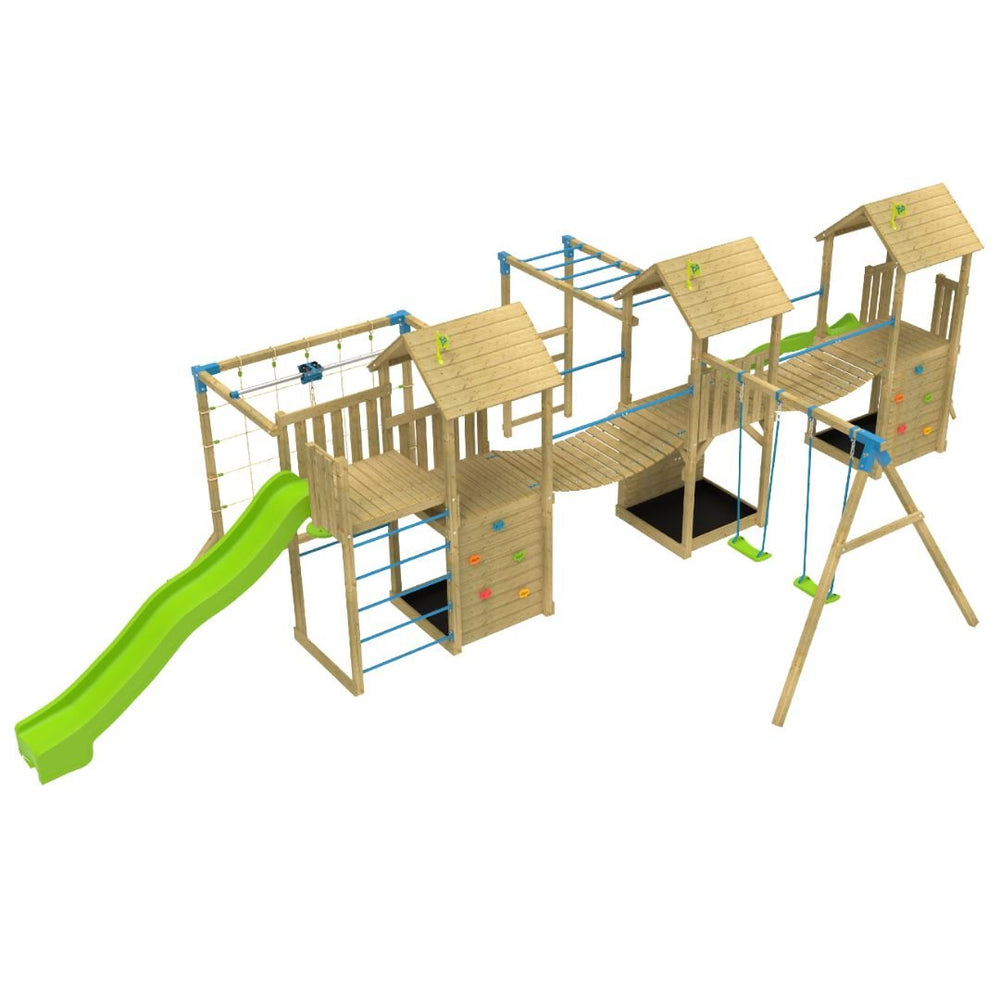The TP Toys Skywood Wooden Climbing Frame features 3 towers, a Sky Deck, Skyline with Flying Fox, monkey bars, double swing arm, 10ft wavy slide & 8ft ripple slide. FSC® certified—perfect for backyard adventures!.