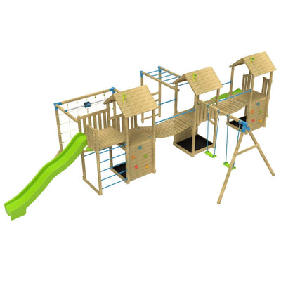 The TP Toys Skywood Wooden Climbing Frame features 3 towers, a Sky Deck, Skyline with Flying Fox, monkey bars, double swing arm, 10ft wavy slide & 8ft ripple slide. FSC® certified—perfect for backyard adventures!.