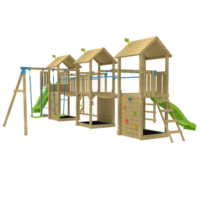 The TP Toys TP Skywood Wooden Climbing Frame features two extra play towers, a sky deck, flying fox, monkey bars, double swing arm, 10ft super wavy slide & 8ft ripple slide—FSC® certified for safe and adventurous outdoor play.
