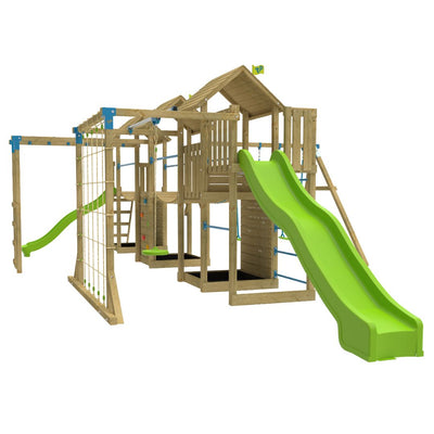 The TP Skywood Wooden Climbing Frame from TP Toys features two play towers, a sky deck, flying fox, monkey bars, double swing arm, 10ft super wavy slide & 8ft ripple slide—an exciting and vibrant FSC® certified addition to any backyard.