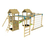 The TP Toys Skywood Wooden Climbing Frame has two play towers, a sky deck, skyline with flying fox, monkey bars, single swing arm, slide, and is FSC® certified.