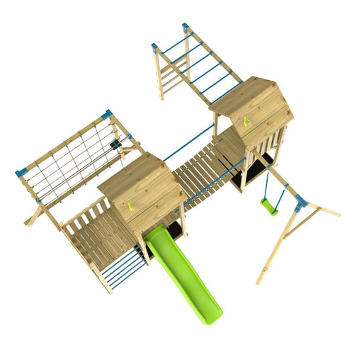 TP Toys TP Skywood Wooden Climbing Frame—FSC® certified—with extra play tower, sky deck, skyline with flying fox (zipline), monkey bars, single swing arm, and slide, viewed from above on a white background.
