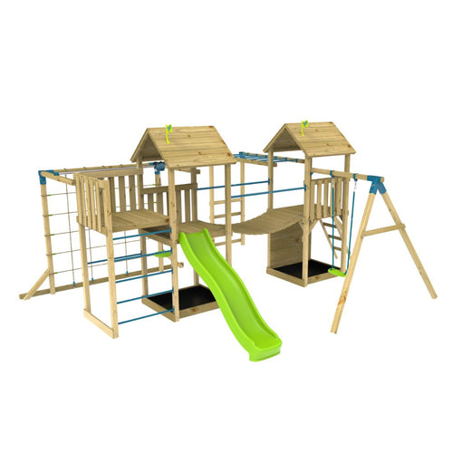 The TP Toys Skywood Wooden Climbing Frame features an extra play tower, sky deck, skyline with flying fox, monkey bars, single swing arm, and slide—FSC® certified for safe, adventurous outdoor play.