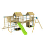 The TP Toys Skywood Wooden Climbing Frame features an extra play tower, sky deck, skyline with flying fox, monkey bars, single swing arm, and slide—FSC® certified for safe, adventurous outdoor play.