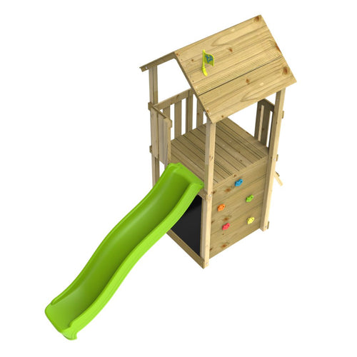 The TP Toys Skywood Wooden Tower Climbing Frame features a slanted roof, colorful climbing wall holds, and a green Ripple slide on one side. Made from FSC® certified wood.