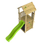 The TP Toys Skywood Wooden Tower Climbing Frame features a slanted roof, colorful climbing wall holds, and a green Ripple slide on one side. Made from FSC® certified wood.