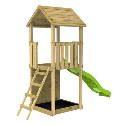 The TP Skywood Wooden Tower Climbing Frame with Ripple Slide by TP Toys features a slanted ladder, elevated platform with partial railing, sloped roof, and a green ripple slide—FSC® certified.