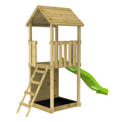 The TP Skywood Wooden Tower Climbing Frame with Ripple Slide by TP Toys features a slanted ladder, elevated platform with partial railing, sloped roof, and a green ripple slide—FSC® certified.
