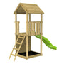 The TP Skywood Wooden Tower Climbing Frame with Ripple Slide by TP Toys features a slanted ladder, elevated platform with partial railing, sloped roof, and a green ripple slide—FSC® certified.