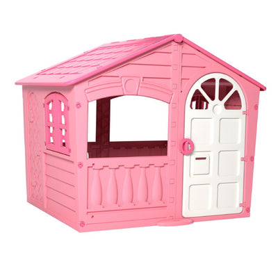 The TP Toys Palplay Plastic Playhouse of Fun - Candy Floss Edition is a sturdy pink plastic playhouse with a white door, open windows, and cute side and roof details—great for indoor or outdoor fun.