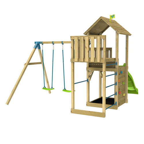 The TP Toys TP Skywood Wooden Tower Climbing Frame features a Ripple Slide, Sky Deck, double swing arm, climbing options, and a flag on top. FSC® certified for eco-friendly fun outdoors.