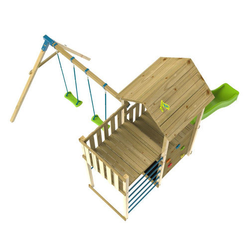 The TP Toys Skywood Wooden Tower Climbing Frame features a covered sky deck, ripple slide, double swing arm with two green swings, climbing wall, and rope ladder—shown from above on a white background. FSC® certified.