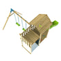 The TP Toys Skywood Wooden Tower Climbing Frame features a covered sky deck, ripple slide, double swing arm with two green swings, climbing wall, and rope ladder—shown from above on a white background. FSC® certified.