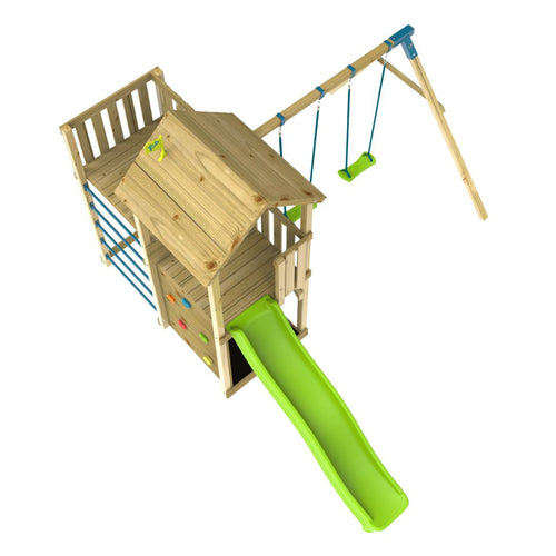 The TP Toys Skywood Wooden Tower Climbing Frame features a modular play tower with a small house, green Ripple slide, climbing wall, ladder, blue monkey bars, Sky Deck, and double swing arm. FSC® certified.