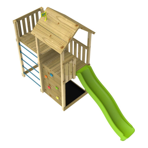 The TP Toys TP Skywood Wooden Tower Climbing Frame with Ripple Slide & Sky Deck, FSC® certified, features a climbing wall, ladder, play tower with roof, and green slide, shown from above on a white background.