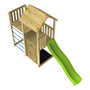 The TP Toys TP Skywood Wooden Tower Climbing Frame with Ripple Slide & Sky Deck, FSC® certified, features a climbing wall, ladder, play tower with roof, and green slide, shown from above on a white background.