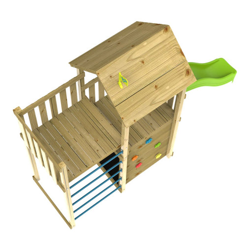 The TP Toys TP Skywood Wooden Tower Climbing Frame with Ripple Slide & Sky Deck (FSC® certified) features a platform, slanted roof, climbing wall, ladder, and green slide, displayed from an elevated angle on a white background.