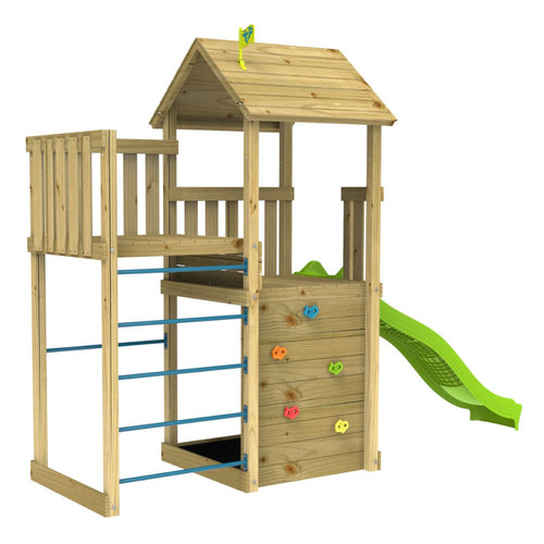 The TP Toys TP Skywood Wooden Tower Climbing Frame with Ripple Slide & Sky Deck is an FSC® certified outdoor playset featuring a small platform, climbing wall, ladder bars, and a green slide—perfect for kids' adventures.