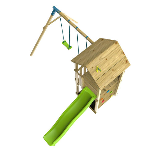 The TP Toys TP Skywood Wooden Tower Climbing Frame with Ripple Slide & Double Swing Arm, FSC® certified, features a green slide, climbing holds, roofed playhouse, and double swing arm. Shown on a white background.