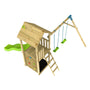 The TP Toys TP Skywood Wooden Tower Climbing Frame with Ripple Slide & Double Swing Arm is an FSC® certified outdoor playset featuring a climbing wall, ladder, elevated clubhouse, slide, and two swings for endless backyard fun.