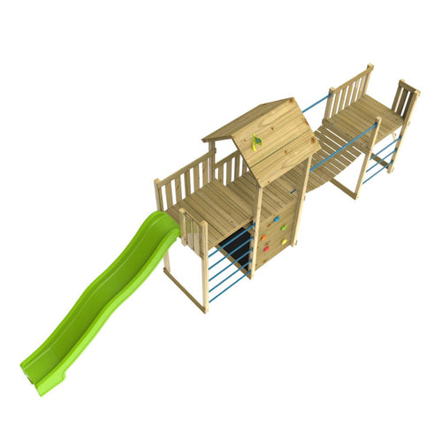 The TP Toys TP Skywood Wooden Tower Climbing Frame with Sky Deck, Super Wavy Slide, Sky Bridge & Mini Tower (FSC® certified) offers a fun wooden playground set for kids.