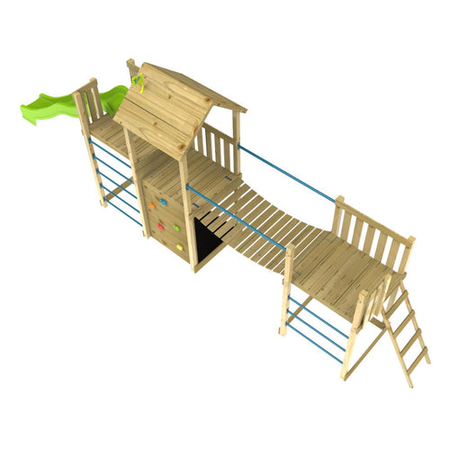 The TP Skywood Wooden Tower Climbing Frame by TP Toys features a Sky Deck, Super Wavy Slide, Sky Bridge, Mini Tower, and two platforms. FSC® certified. Shown from above on a white background.