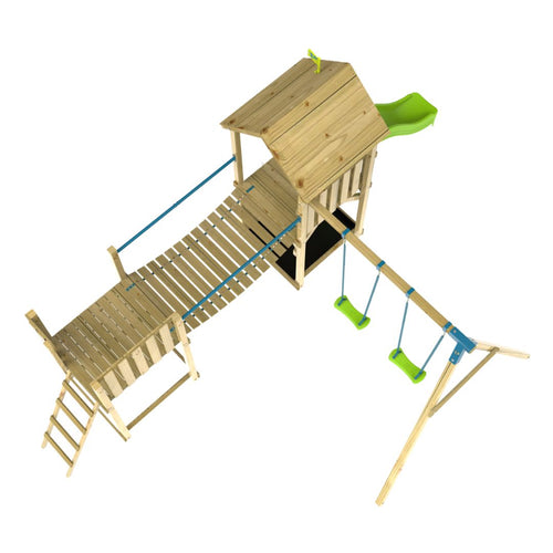 The TP Toys TP Skywood Wooden Tower Climbing Frame features a Ripple Slide, Sky Bridge, Mini Tower, and Double Swing Arm. FSC® certified, this playset is shown from above on a white background.