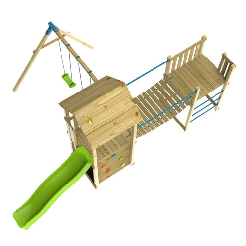 The TP Toys TP Skywood Wooden Tower Climbing Frame features a green Ripple Slide, Sky Bridge, Mini Tower, and Double Swing Arm. FSC® certified and viewed from above on a white background.
